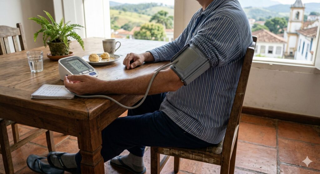 Pessoa mede a pressão em casa com postura correta e braçadeira ajustada
