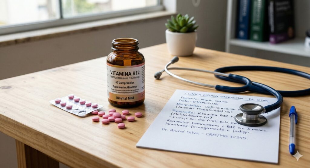 Cena com vitamina B12 e itens de saúde ligados aos sintomas e efeitos da deficiência