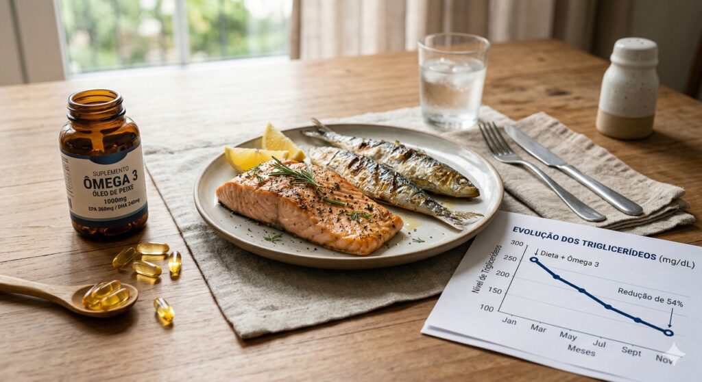 Ômega 3 em cápsulas ao lado de peixes ricos em EPA e DHA com indicativo de redução de triglicerídeos