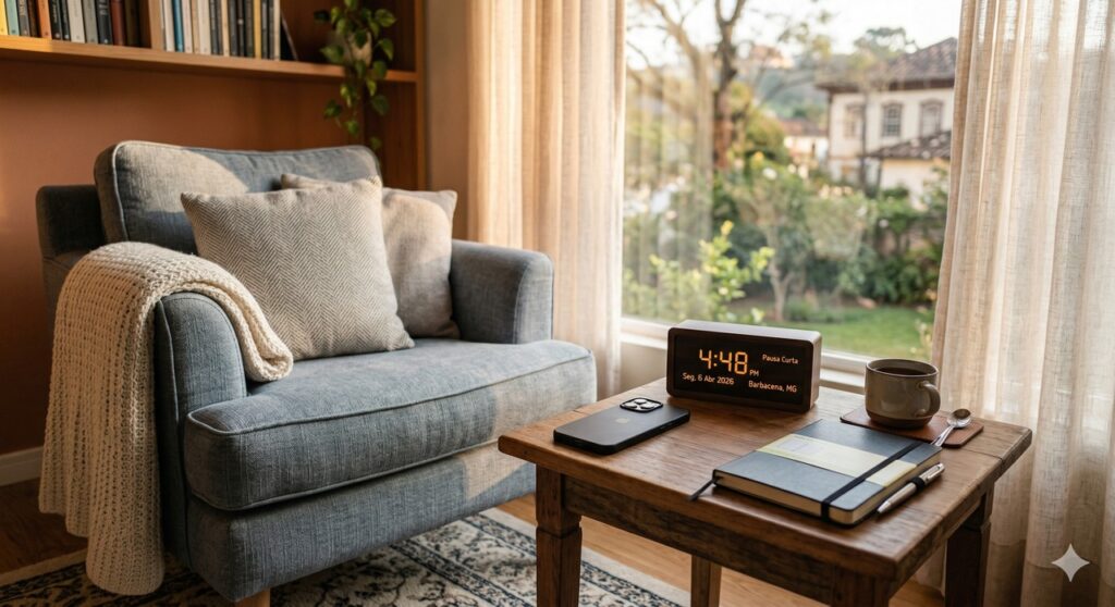 Ambiente preparado para uma pausa curta e consciente que favorece o descanso mental.
