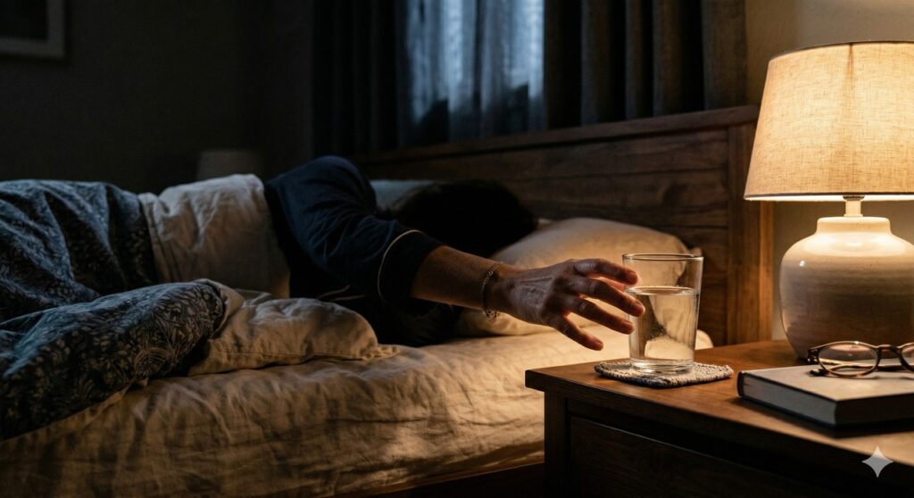 Mão alcança água na mesa de cabeceira durante episódio de sede à noite