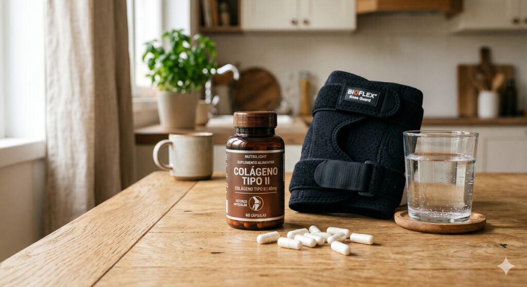 Colágeno em cápsulas ao lado de itens ligados ao cuidado articular em cena simples e realista
