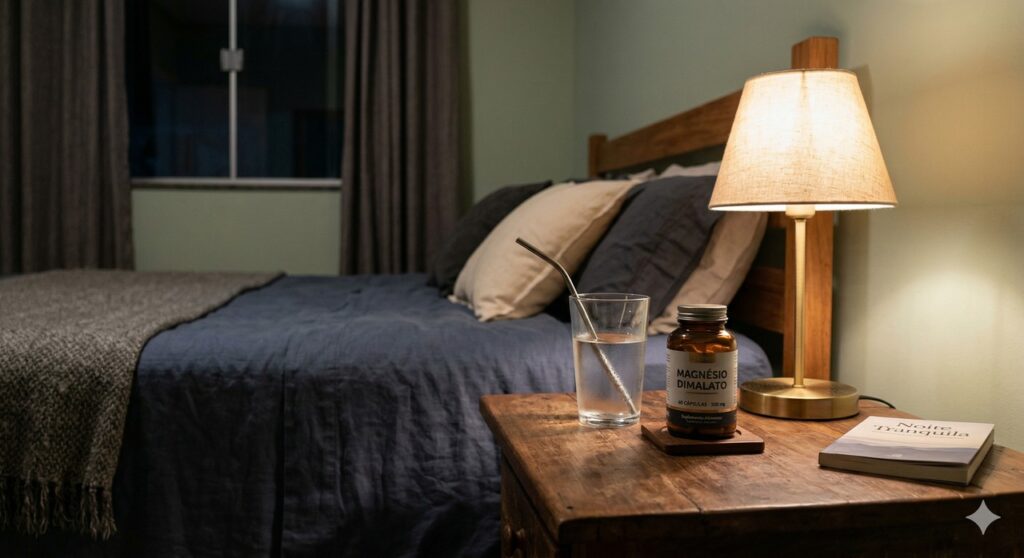 Suplemento de magnésio na mesa de cabeceira sugere uso noturno para melhorar o sono