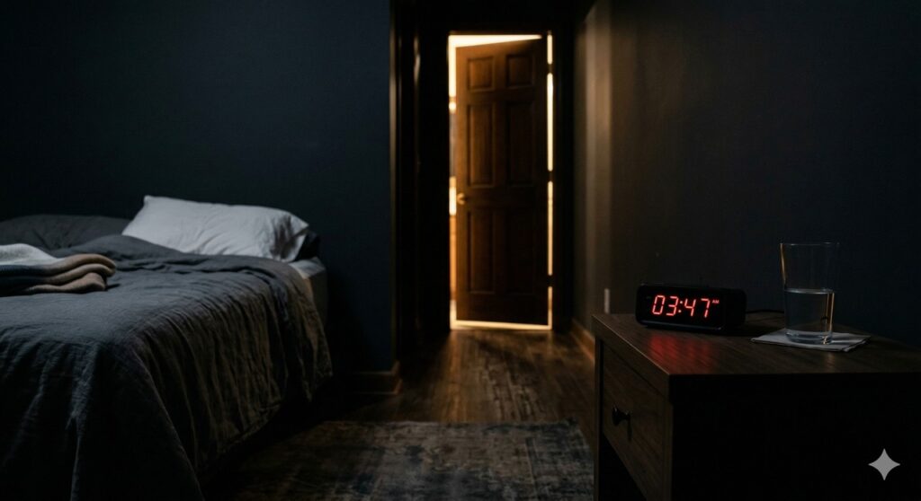 Cena realista que remete à micção noturna frequente e ao impacto no sono