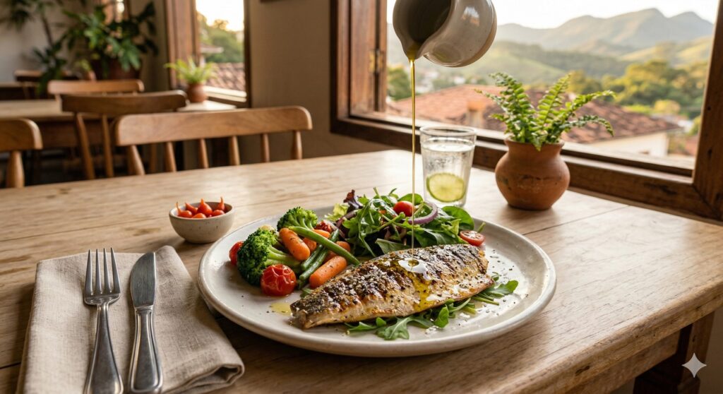 Refeição simples com vegetais e proteína magra ligada ao cuidado com a gordura no fígado