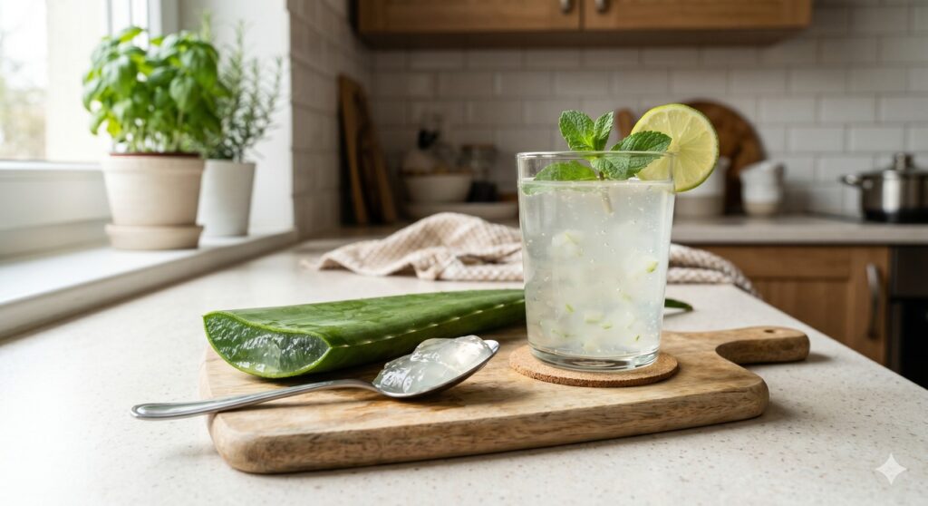 Babosa em forma própria para consumo em cena simples ligada ao cuidado intestinal