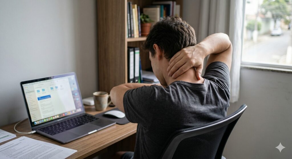 Cena mostra dor cervical e tensão muscular crônica na região da nuca e dos ombros