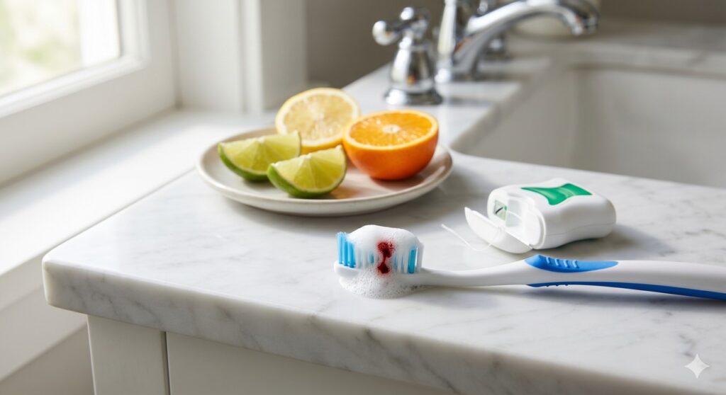 Cena remete ao sangramento na gengiva e à diferença entre inflamação local e carência nutricional.