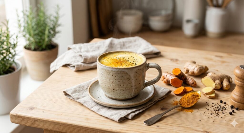 Cena mostra ingredientes usados em bebidas com cúrcuma para apoio anti-inflamatório