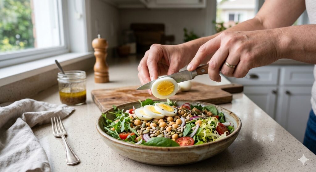 Mãos adicionando ovo cozido a uma salada com grão-de-bico e folhas verdes.