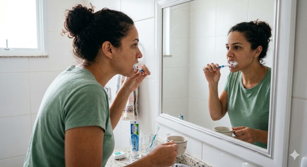 Pessoa percebe sangramento na gengiva durante a escovação e reforça o cuidado bucal.