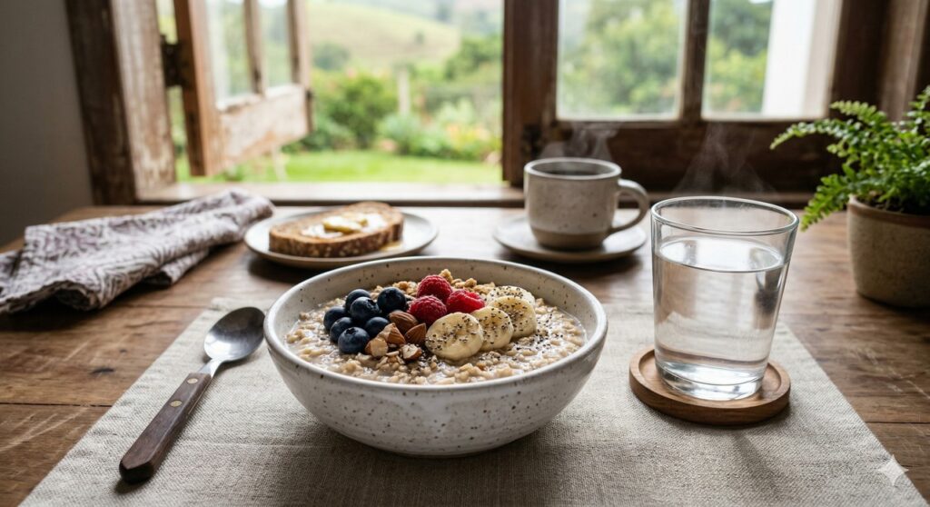 Água morna ao lado de um café da manhã leve para começar o dia com mais conforto digestivo