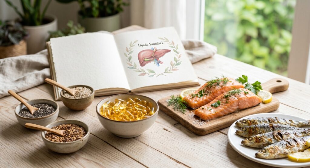 Alimentos e suplemento de ômega 3 usados como apoio no cuidado da gordura hepática