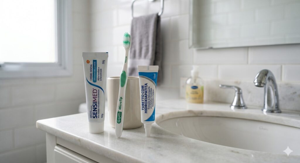 Creme dental e escova macia remetem ao cuidado caseiro com sensibilidade dentária.