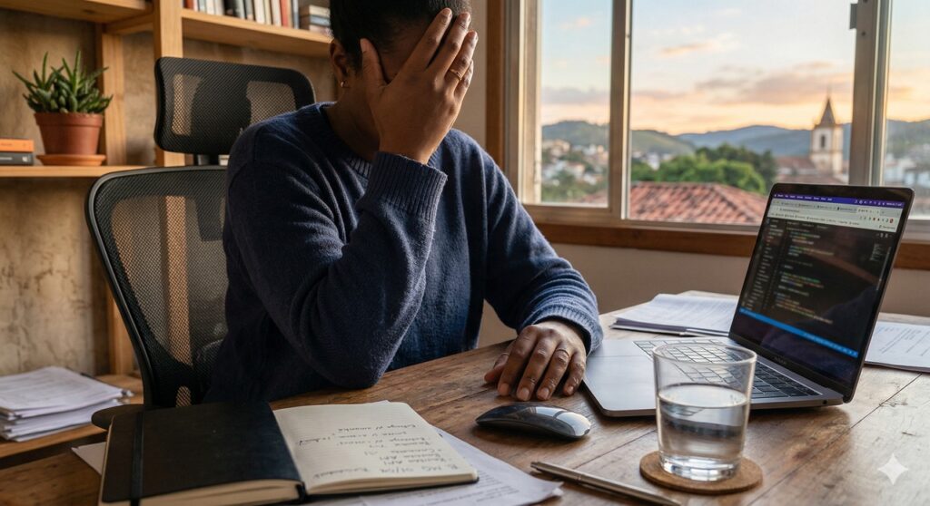 Pessoa mostra sinais de esgotamento no fim do dia em ambiente de trabalho