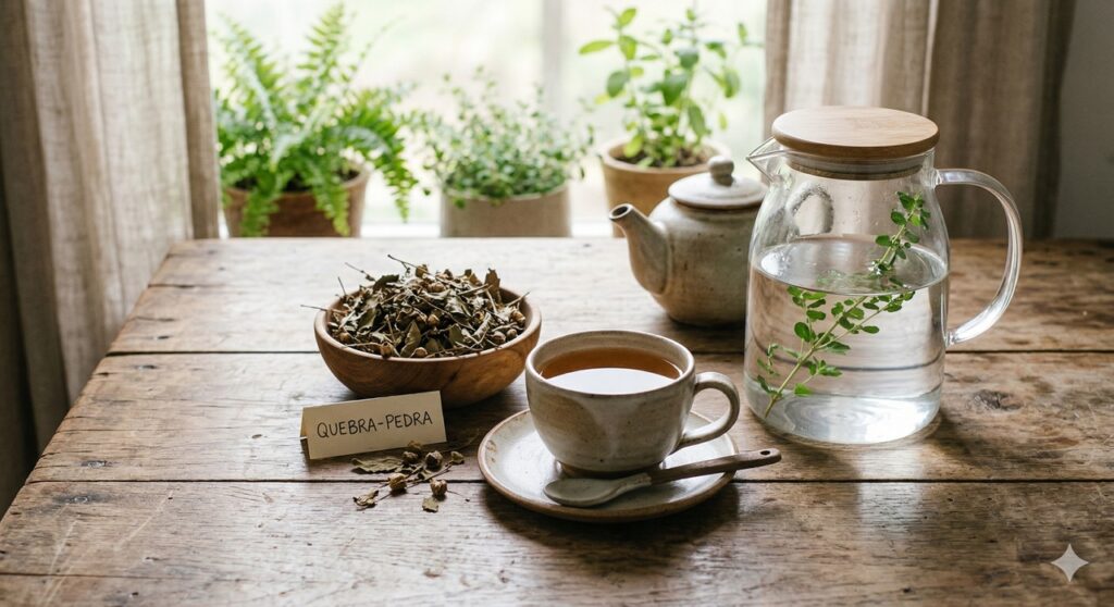 Infusão de quebra-pedra preparada com folhas secas em ambiente simples