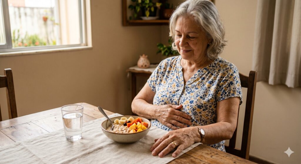 Pessoa idosa em refeição leve com água e fibras para ajudar o intestino e a alimentação.