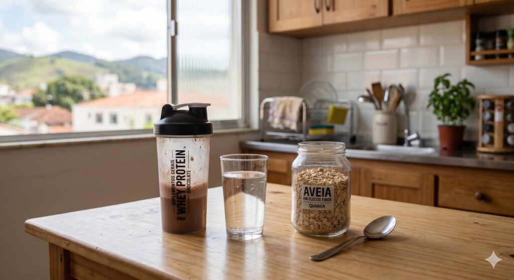 Whey protein ao lado de água e aveia em cena simples ligada ao cuidado nutricional na terceira idade
