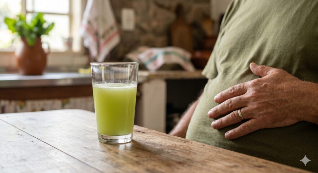Sumo verde suave com ingredientes leves surge como apoio curto para aliviar o estômago irritado.