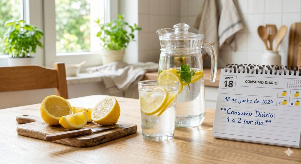 Cena mostra limão diluído em água para representar consumo seguro e equilibrado