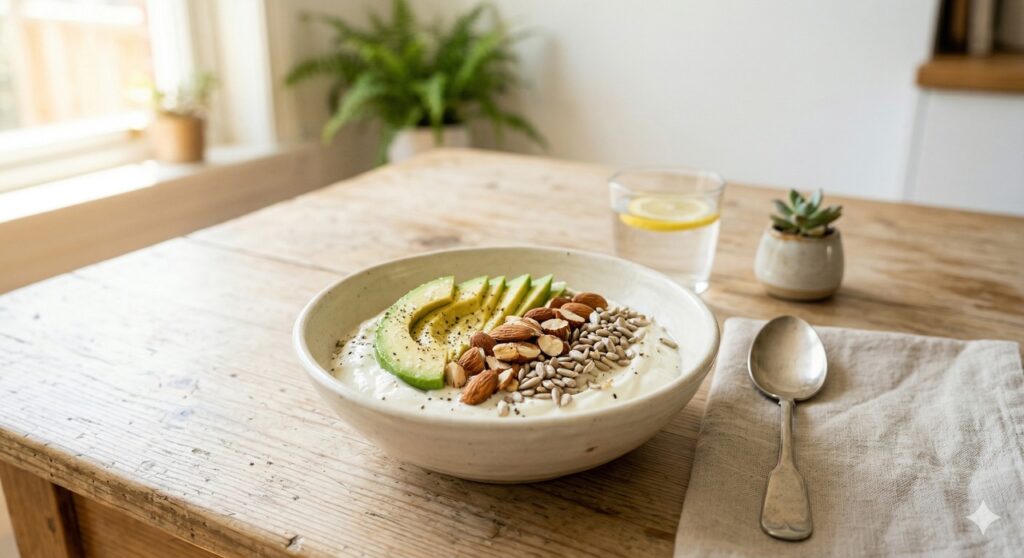 Abacate, amêndoas e sementes de girassol em uma refeição rica em vitamina E