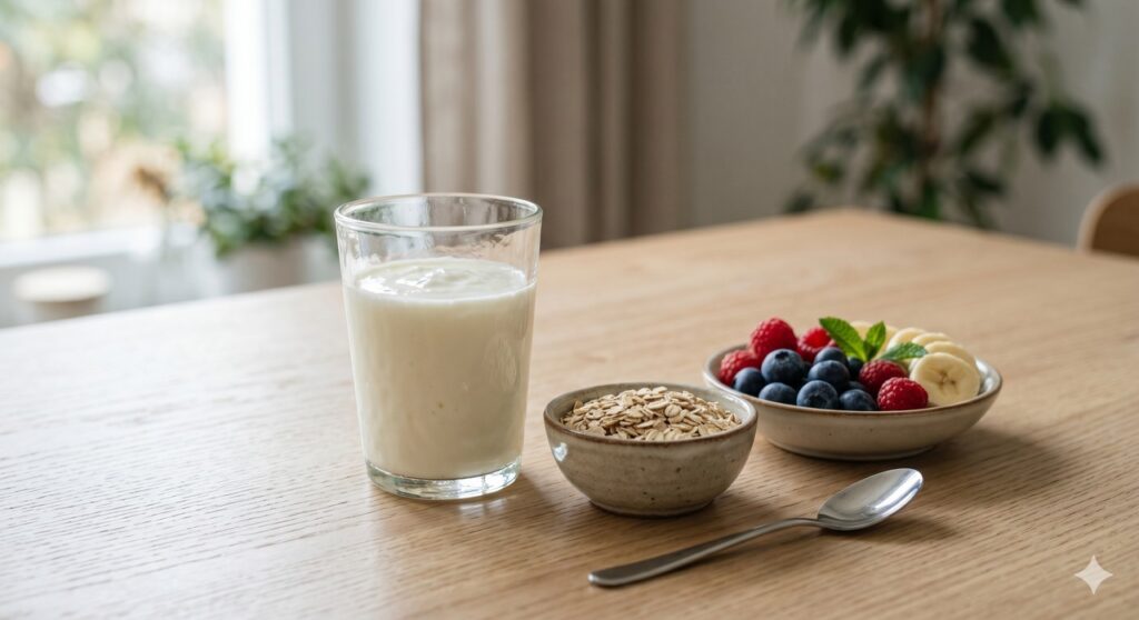 Kefir em cena que remete ao apoio da microbiota e do intestino durante o envelhecimento.