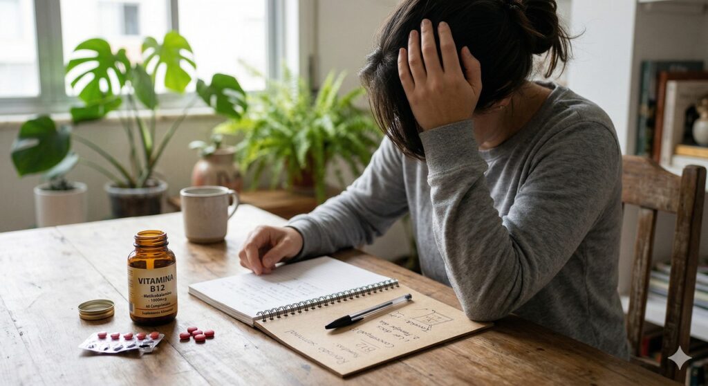 Mão apoiada na cabeça ao lado de comprimidos de vitamina B12 e caderno