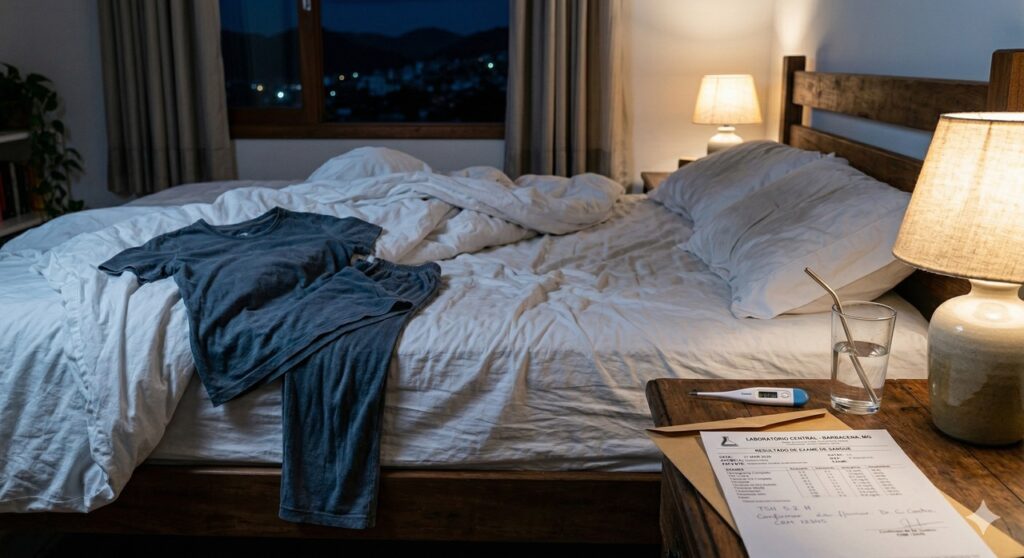 Cama com lençóis úmidos e itens que remetem à investigação do suor noturno.