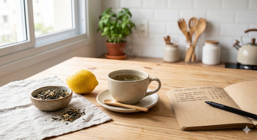 Cena mostra o chá verde como bebida natural associada ao cuidado celular a longo prazo