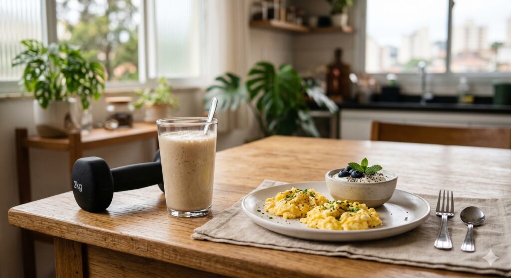 Bebida proteica e alimentos ricos em proteína em uma rotina de apoio à massa muscular do idoso.