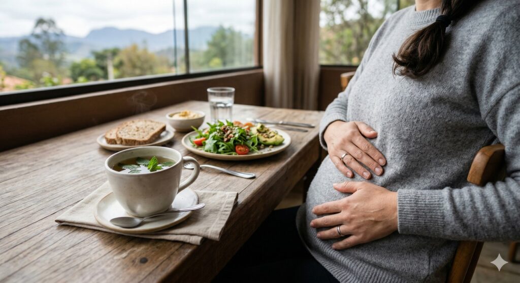 Cena realista com chá de hortelã-pimenta associada ao alívio de gases e barriga inchada