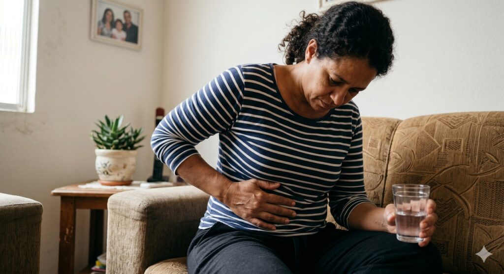Pessoa com cansaço persistente observa sinais do corpo enquanto cuida da hidratação.