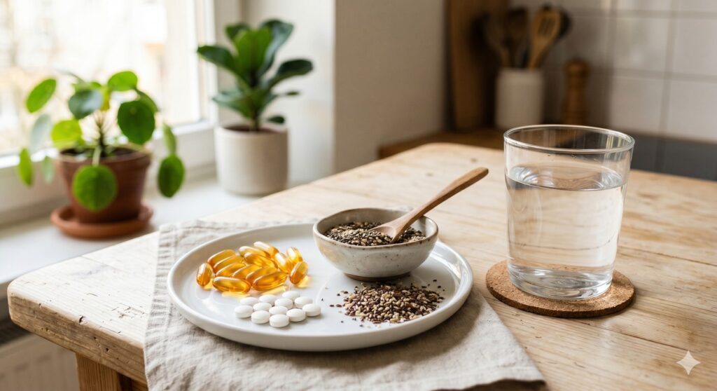 Ômega 3, vitamina D e magnésio em cena simples ligada ao cuidado inflamatório