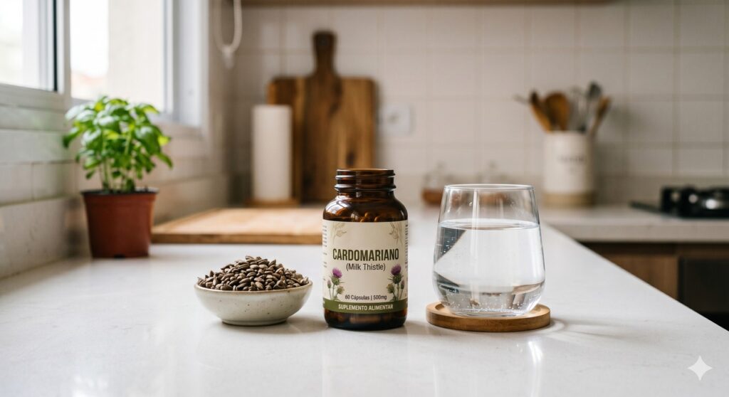 Suplemento de cardo-mariano ao lado das sementes da planta em cena simples e realista