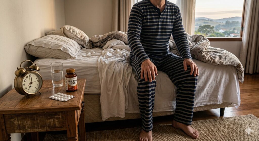 Pessoa exausta ao despertar com suplementos de ferro e vitamina B12 ao lado