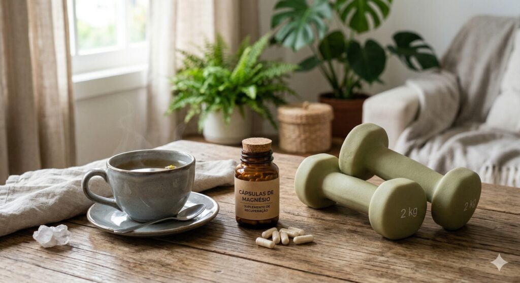 Cápsulas de magnésio ao lado de objetos que remetem ao sono e recuperação muscular