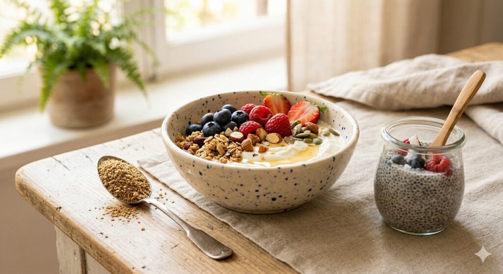 Linhaça moída e chia hidratada aparecem em uma refeição voltada à saúde cardiovascular