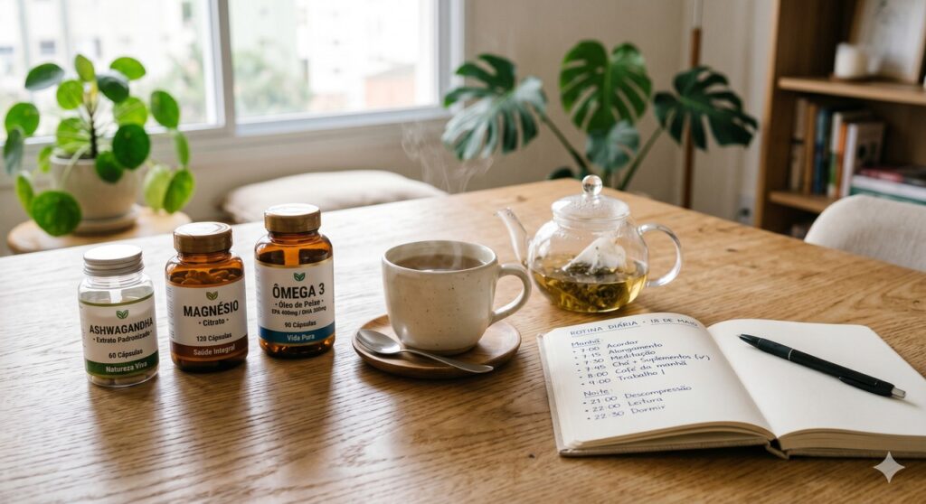 Suplementos e itens de rotina remetem ao apoio natural no cortisol alto e na inflamação.