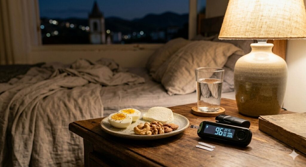 Um lanche leve com proteína pode ajudar a evitar quedas de glicose durante a madrugada