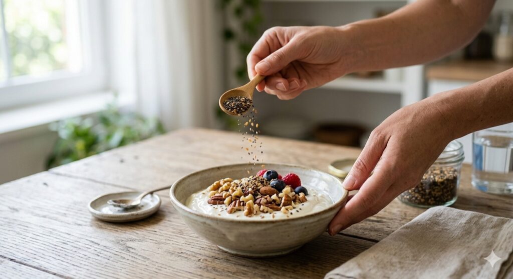 Mãos adicionando chia e linhaça a uma tigela com iogurte natural e nozes.