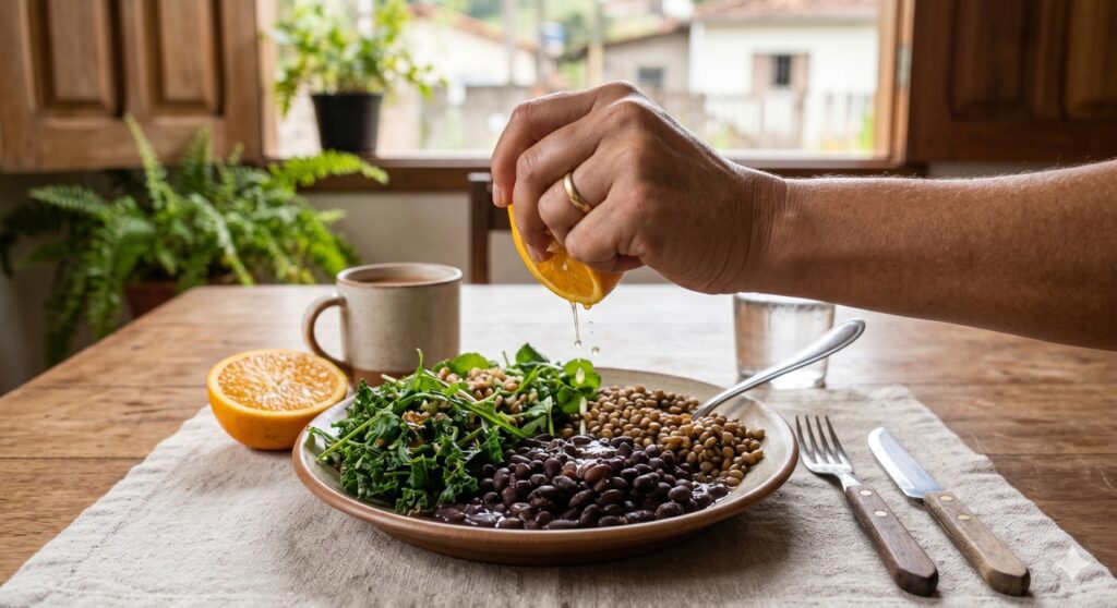 Mão combina vitamina C com refeição rica em ferro vegetal para melhorar a absorção.