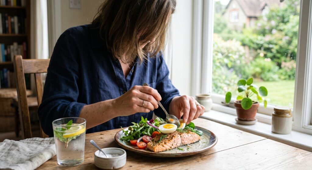 Mãos segurando vitamina D ao lado de uma refeição com ovos e peixe.