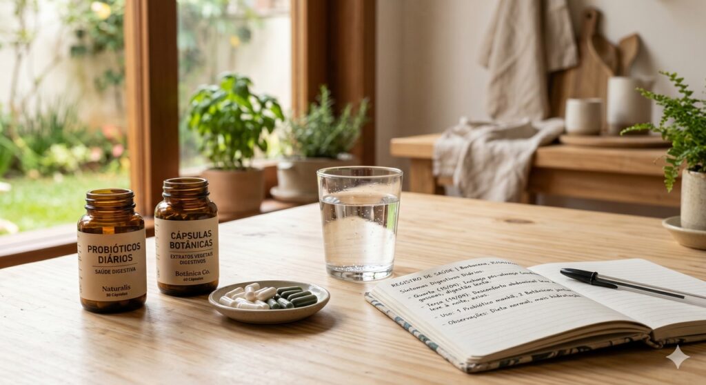 Probióticos e fórmulas botânicas em cena simples ligada ao cuidado digestivo