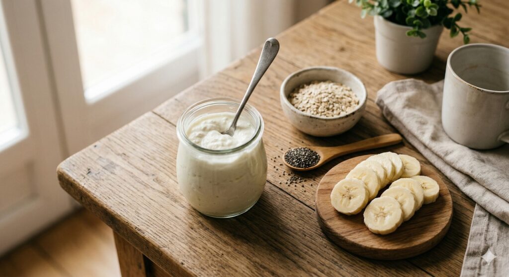 Iogurte natural com fibras em uma composição que remete ao equilíbrio da flora intestinal