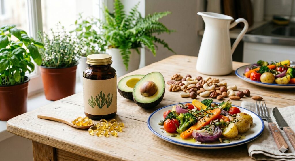 Suplemento de ômega 3 de algas ao lado de alimentos de uma rotina voltada ao cuidado metabólico.