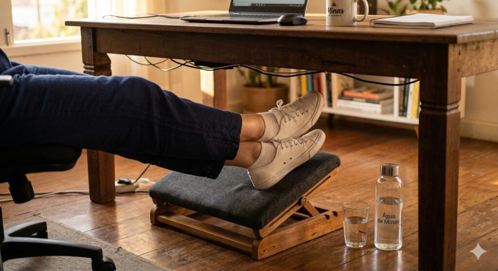 Cena realista que relaciona retenção de líquidos nas pernas à hidratação ao longo do dia