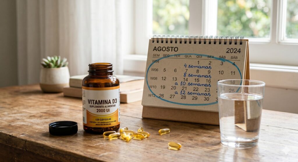 Vitamina D ao lado de um calendário indicando o período comum para notar melhora