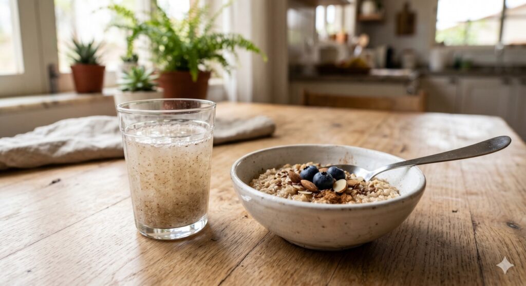 Psyllium preparado com água em uma rotina simples de apoio ao funcionamento intestinal.