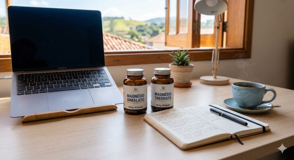 Frascos de magnésio dimalato e treonato aparecem em mesa de trabalho voltada ao foco mental