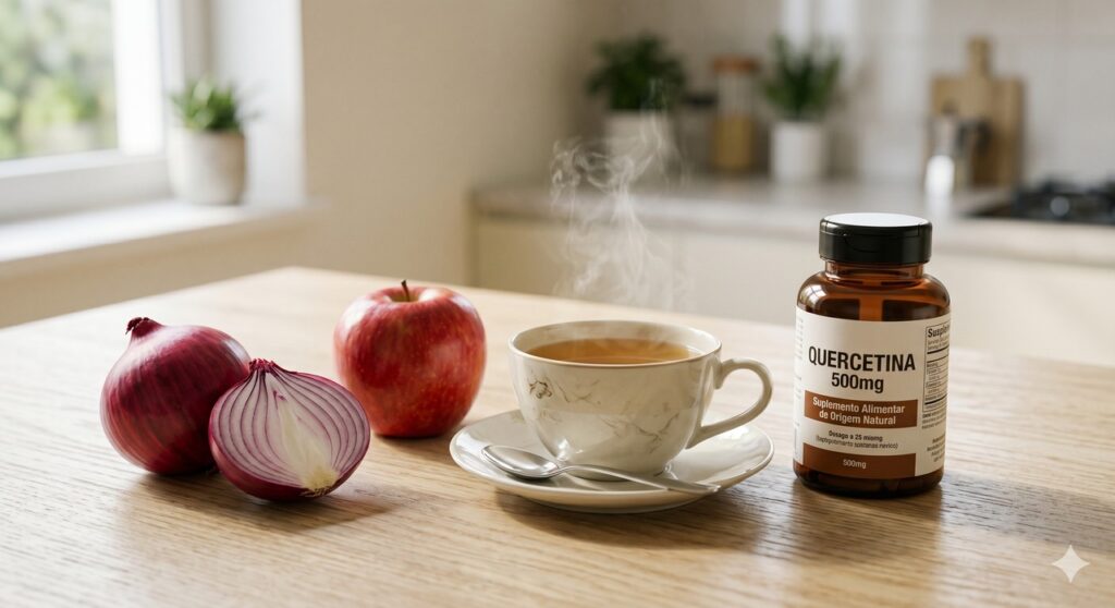 Alimentos ricos em quercetina remetem ao apoio na inflamação alérgica e na proteção intestinal.